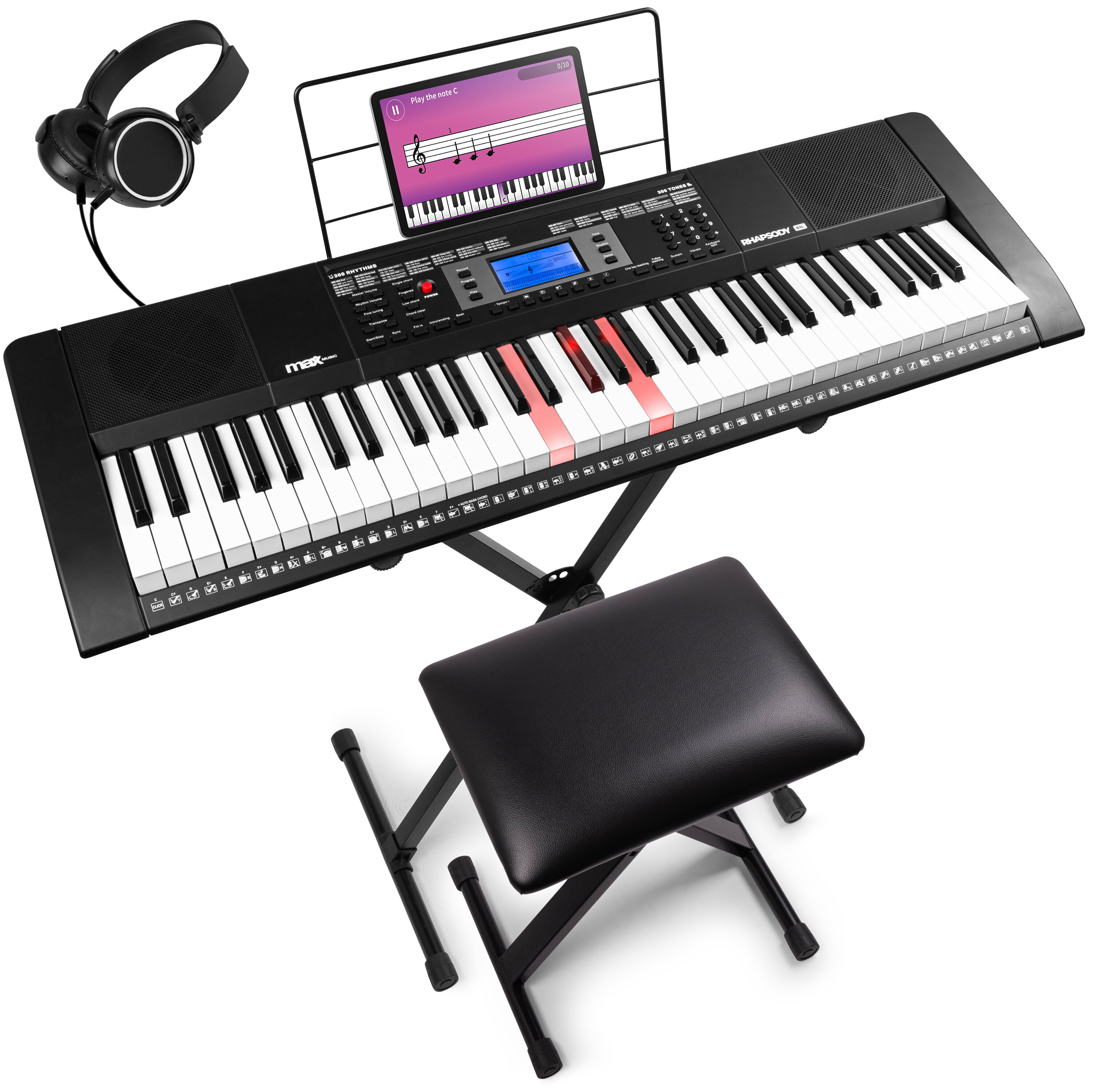 Max Rhapsody61L Set elektroniskt keyboard med 61 bakgrundsbelysta tangenter med bänk