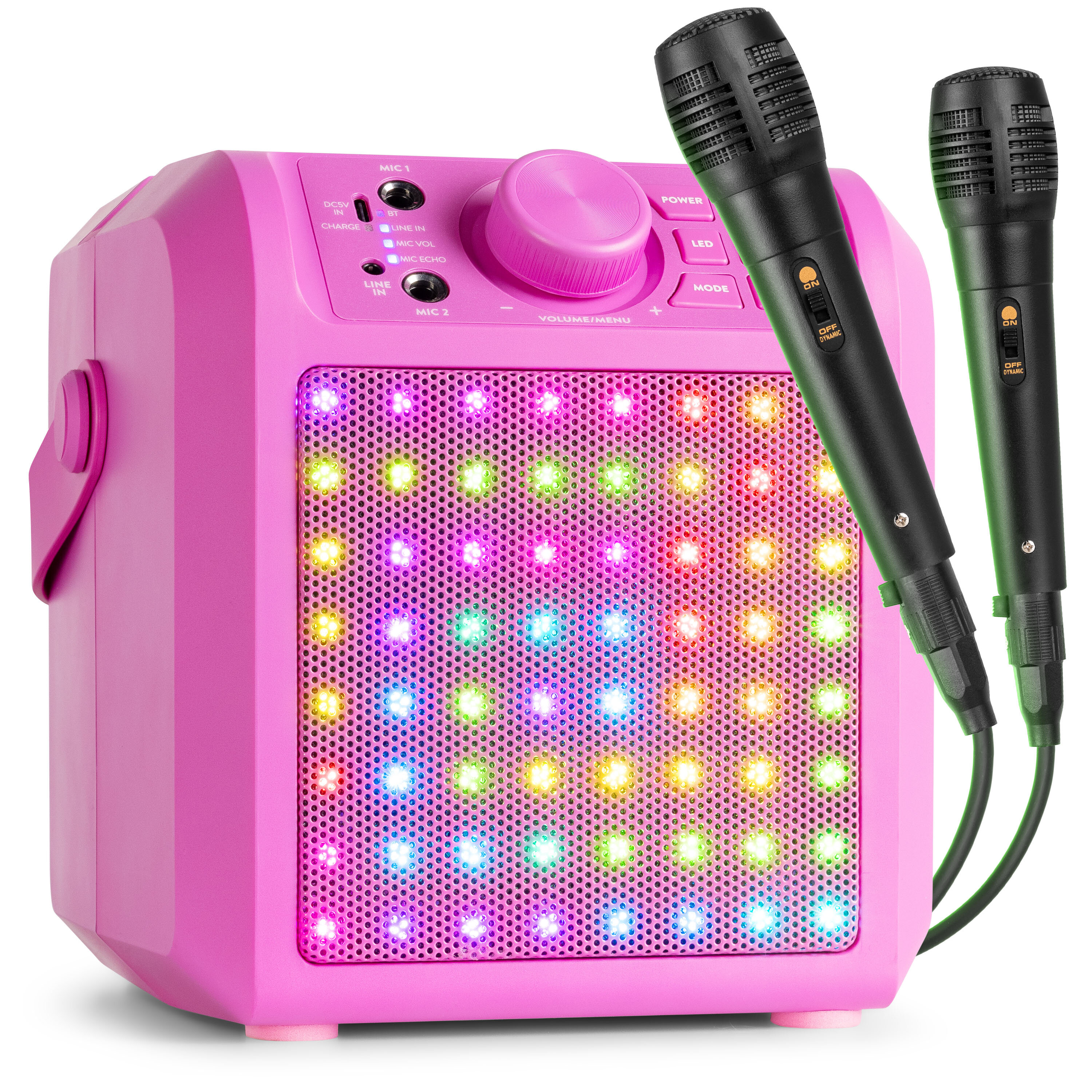 Fenton KAR50P karaoke set - Karaoke box med Bluetooth, laddningsbart batteri, lysdioder och 2 mikrofoner - Rosa