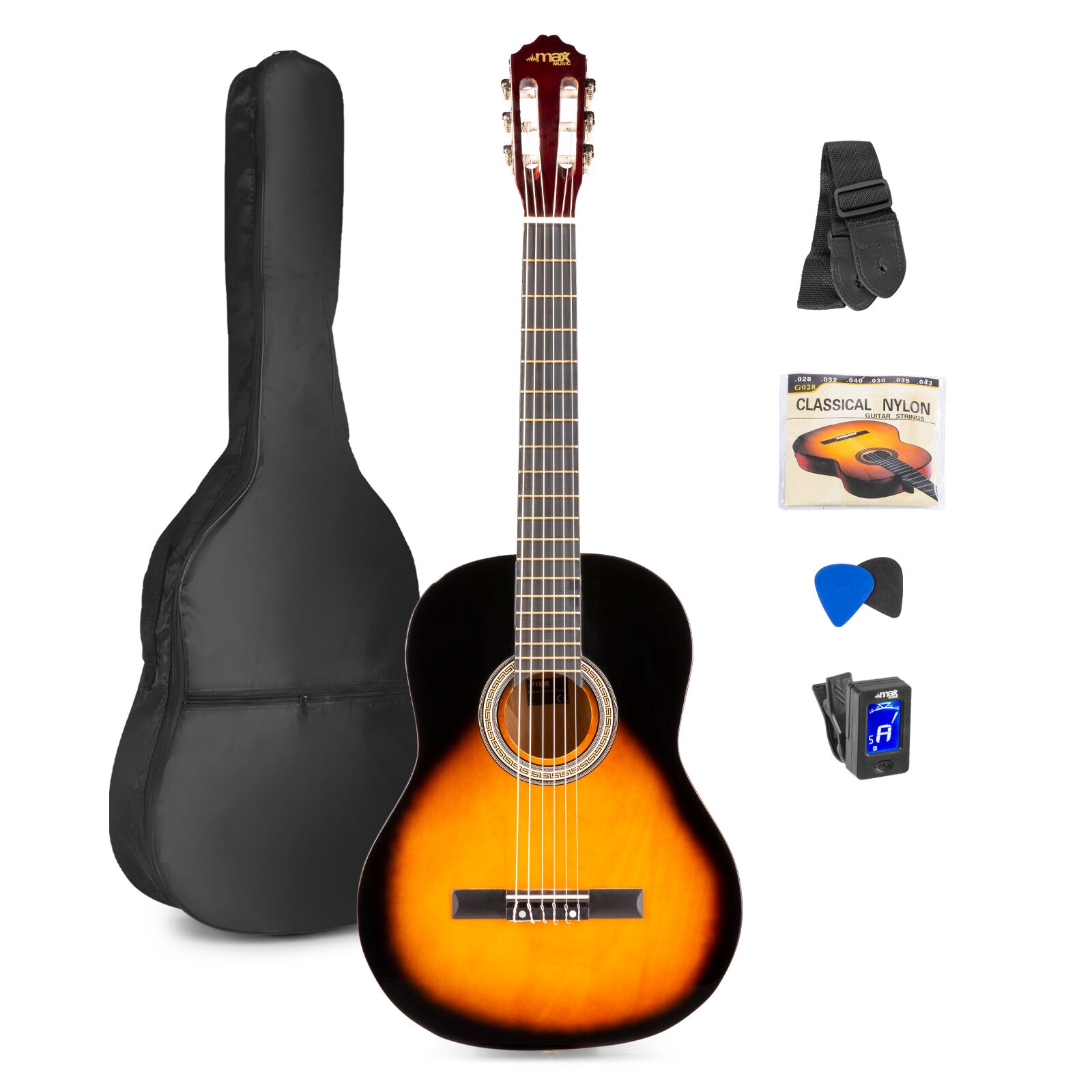 MAX SoloArt klassisk akustisk gitarr (39") Startset - Sunburst