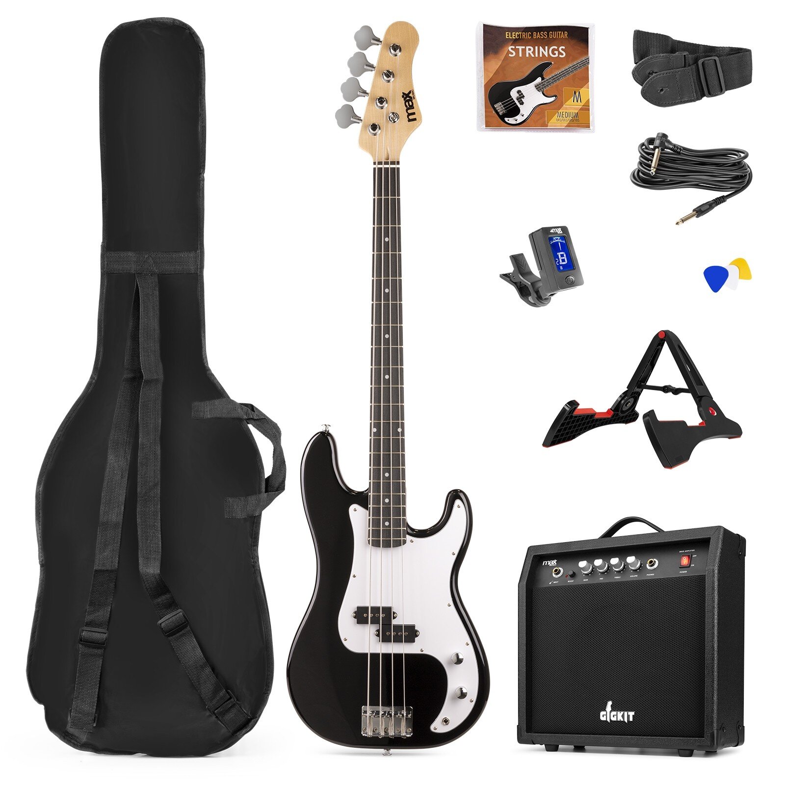 Max Gigkit basgitarr med 40 Watts förstärkare - Gitarrstativ - Gitarrväska - Svart