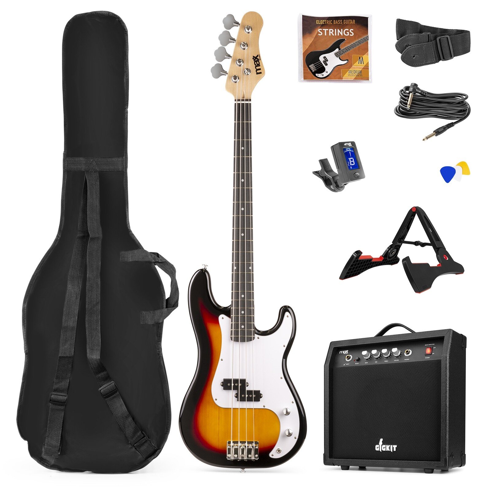 Max Gigkit basgitarr med 40 Watts förstärkare - Gitarrstativ - Gitarrväska - Sunburst