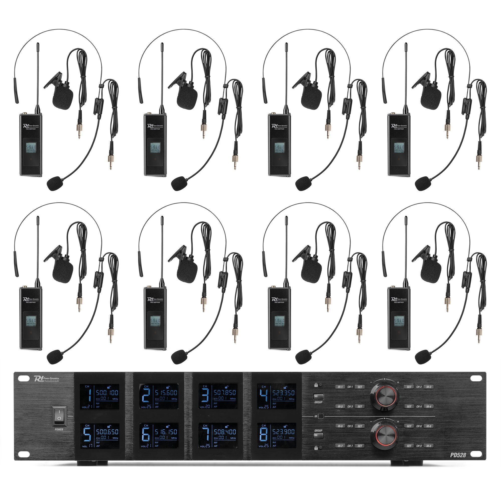 Power Dynamics PD528B UHF trådlös mikrofonset med 8 bodypack-mikrofoner