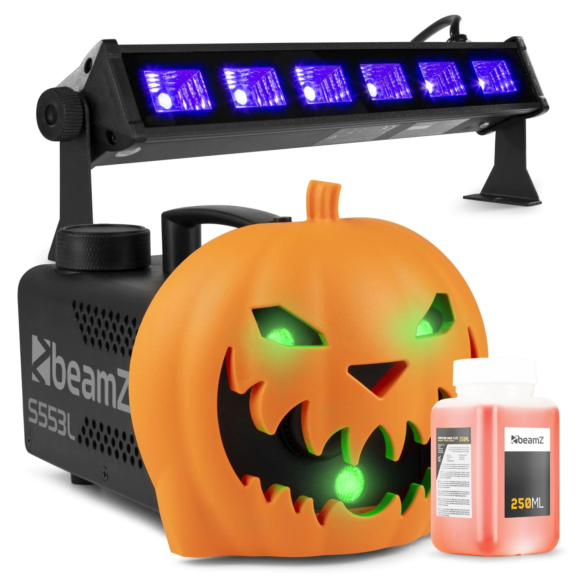 BeamZ Halloween rökmaskin festset - Med klickpumpa - UV LED bar och ljuseffekter