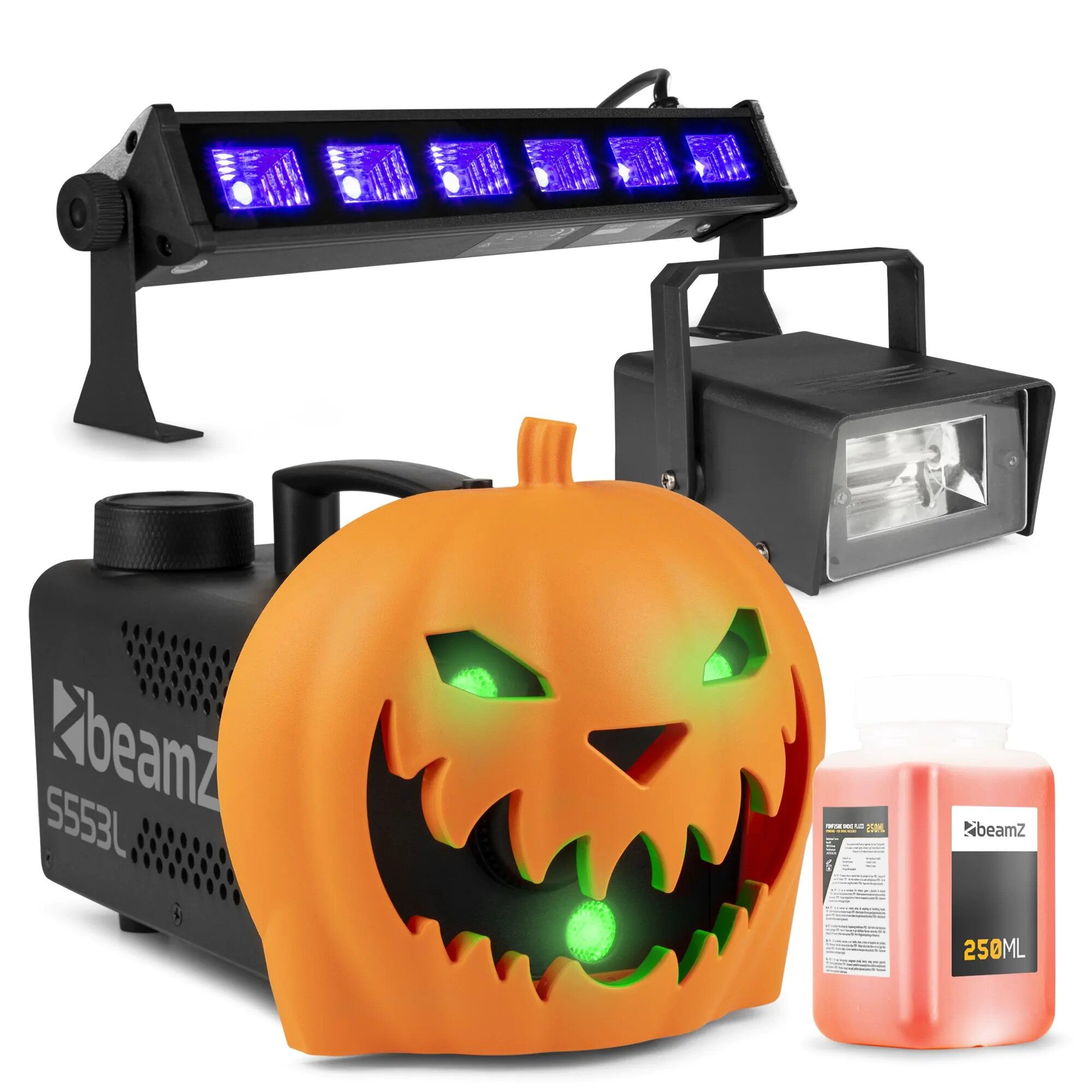 BeamZ Halloween rökmaskin festset - Med klickbar pumpa - UV LED bar, stroboskop och ljuseffekter