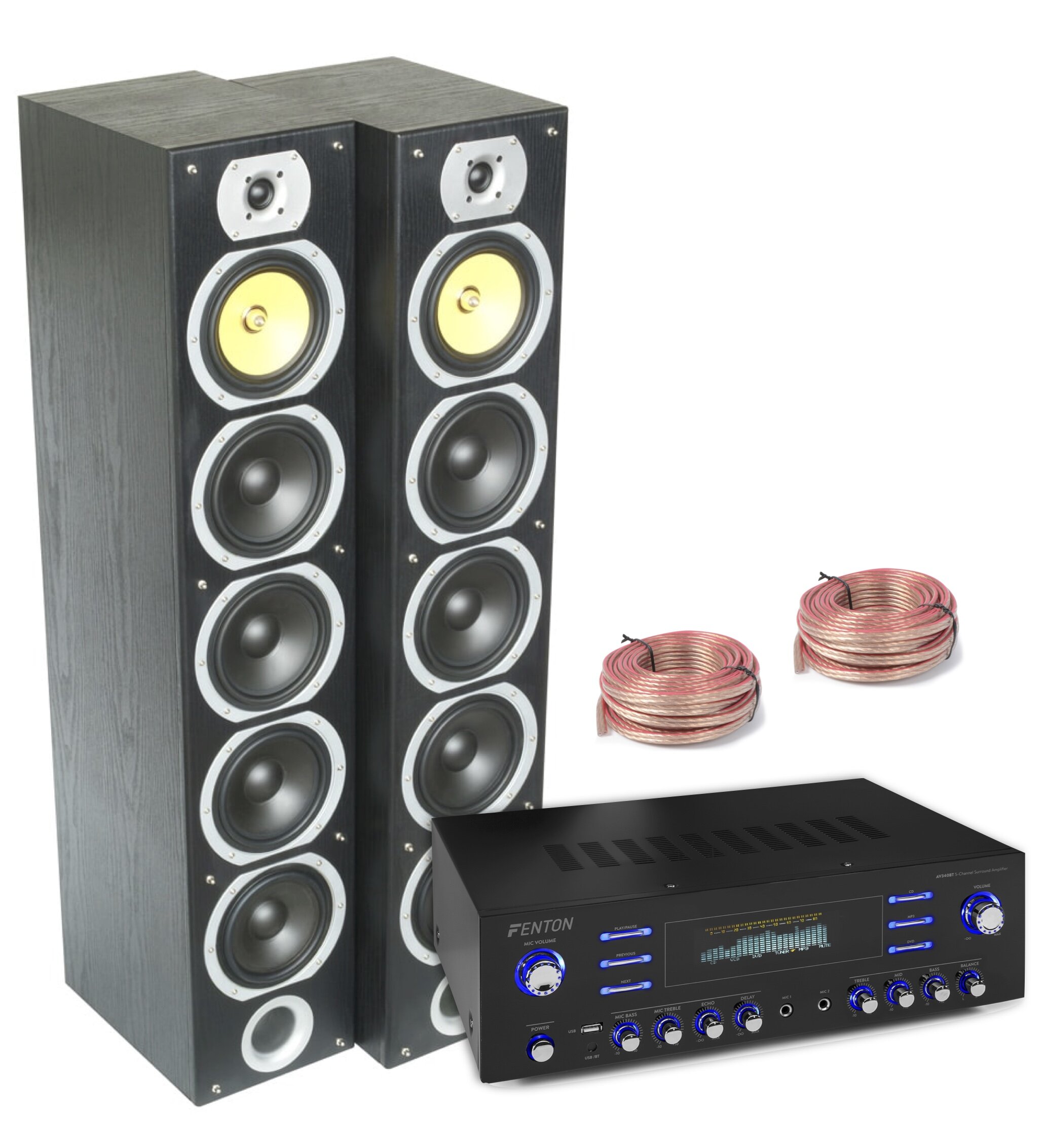 Ljudpaket för vardagsrum 1st förstärkare med Bluetooth + 2st HiFi tower Fenton SHFT57B 4 x 6.5" svart
